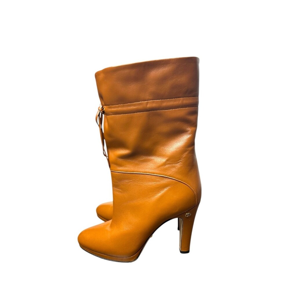 Gucci Leather Mid-Calf Boots Cognac Brown Heeled Boots Size 38 Luxury Designer